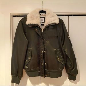 Gap Shiny Hunter Green Bomber Jacket with White Faux Fur Collar